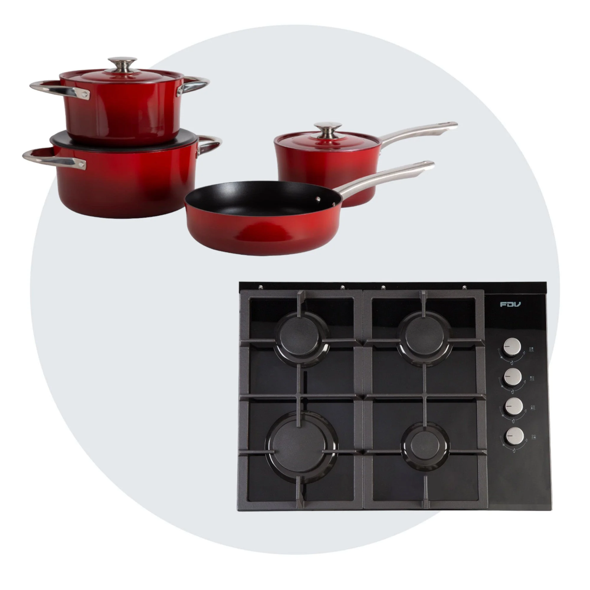 Kit Encimera a Gas Crystal 4 Quemadores FDV Licuado + Batería Versalles 7 Piezas Simple Cook