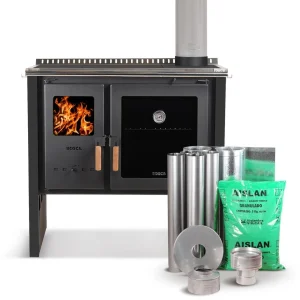 Pack Cocina Leña Hestia 90 Charcoal + Kit instalacion Bosca