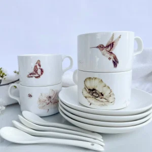 Set 4 Tazas 175 Ml De Cerámica Con Plato Y Cuchara Anita Peñaloza