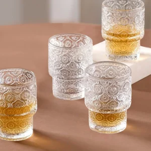 Set 4 Vasos Vidrio Relieve Flor Begonia 180ml Santú Home & Deco